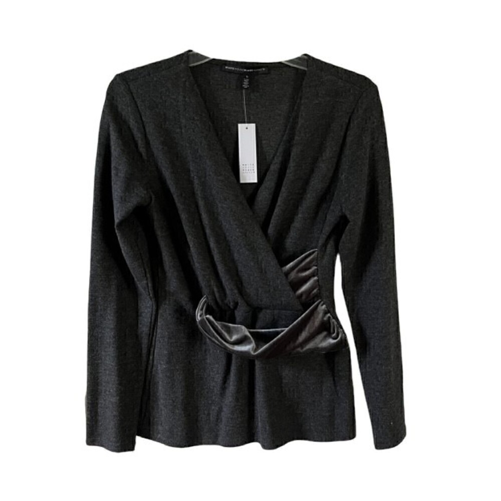 White House Black Market Gray Wrap Top w/ Velvet Detail Size S NWT - Picture 4 of 8